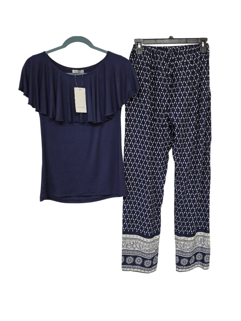 Ekouaer Pajama Lounge Set Womens S Navy Blue Geometric Pants Short Sleeve Top NW